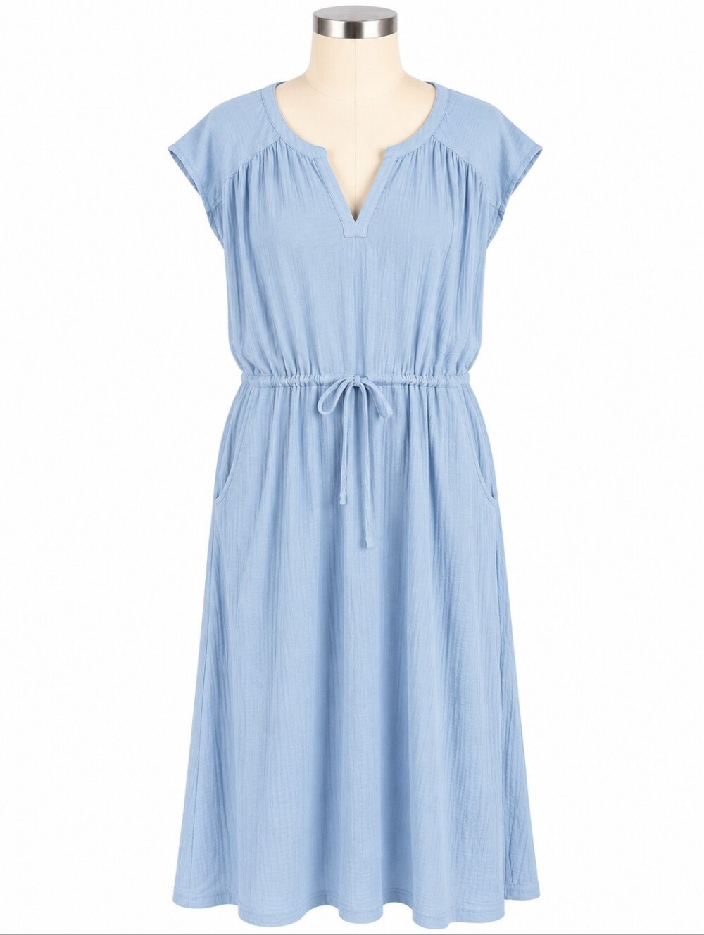 PACT Organic Cotton Double Gauze Tie Waist Midi Dress Light Blue XL Pockets